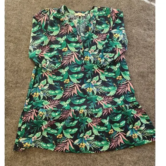 LOFT Womens Large Blue Floral Leaf Print Dress Tropical Boho Hawaiian Vacation - Picture 4 of 8